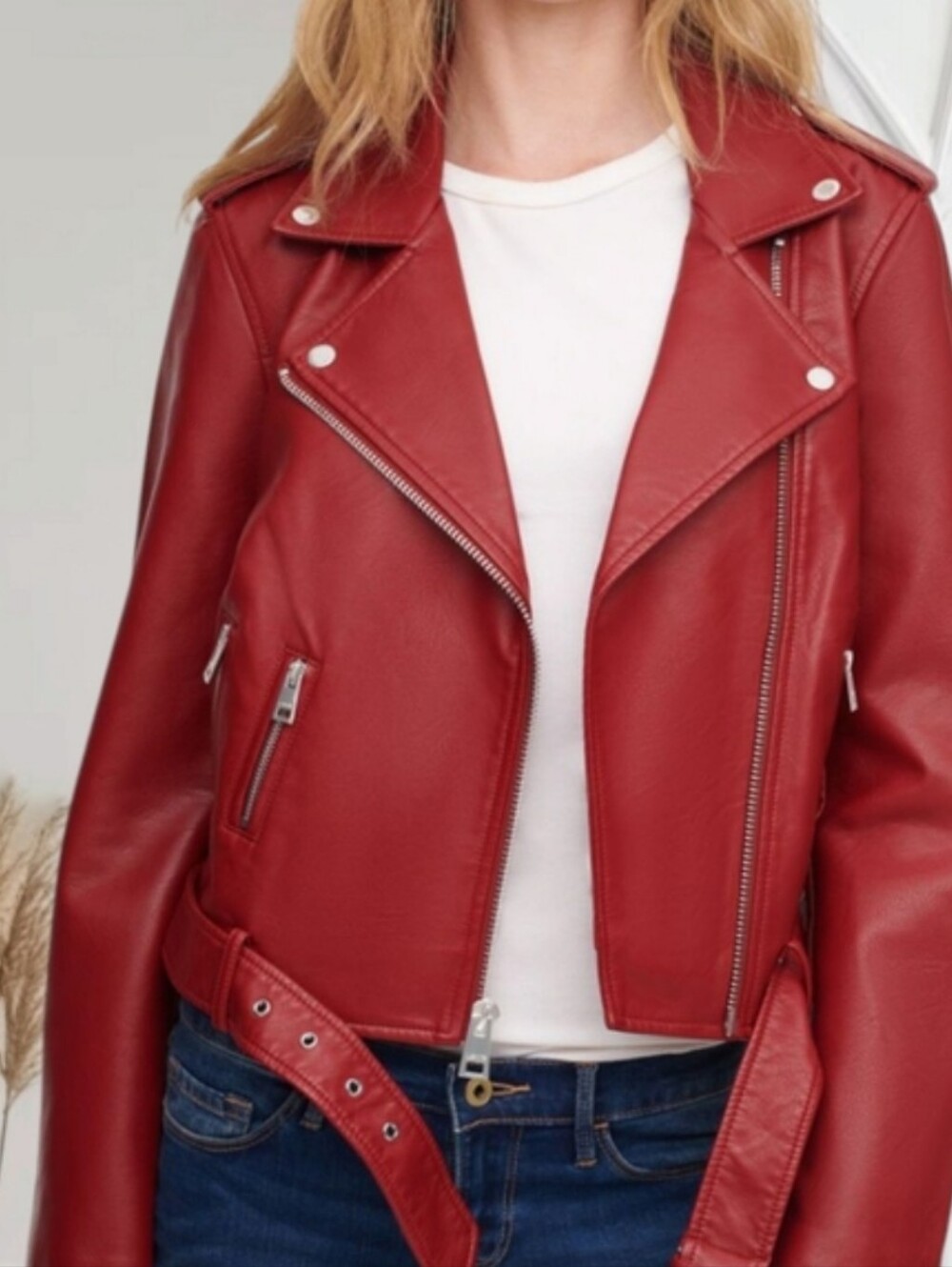 Levi's Red Faux Leather Moto Cropped Jacket with Asymmetrical Zip - Picture 4 of 10